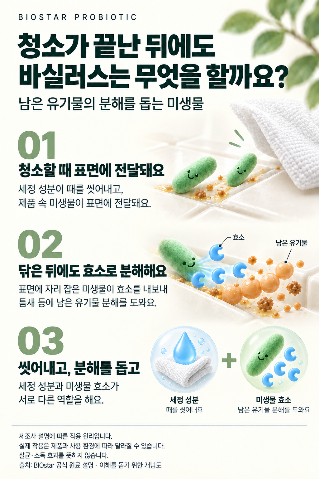 BIOstar 세정 성분과 미생물이 청소 과정에서 서로 다른 역할을 하는 원리 설명
